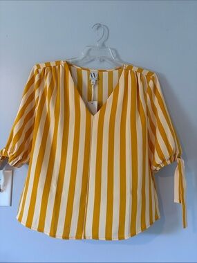 W by Worth Yellow and Cream Striped V-Neck Blouse with Tie Sleeves